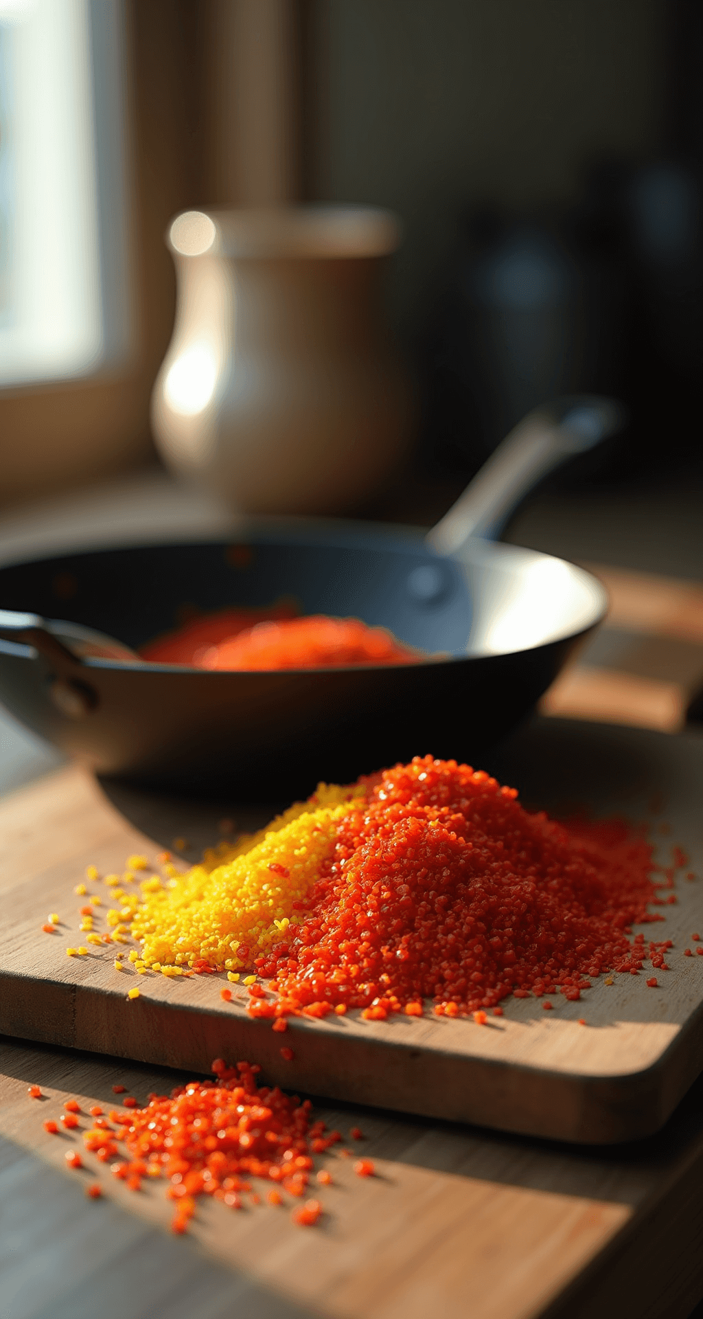 Close-up van rode en gele paprika's op een houten snijplank in een lichte keuken, met een scherp koksmes ernaast en zonlicht dat zachte schaduwen creëert.