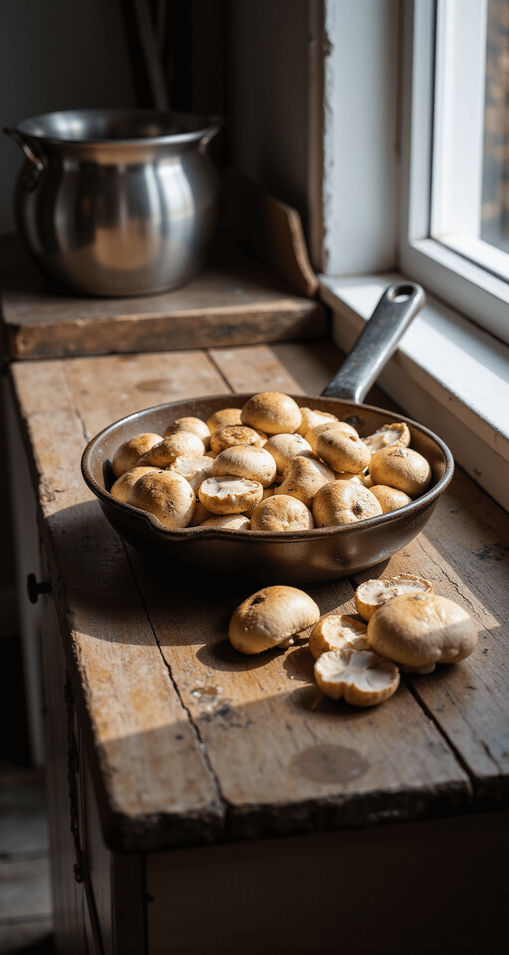 Rustieke houten snijplank met glanzende, vers gewassen champignons en een vintage mes, in een lichtdoorstroomde keuken met zonlicht dat waterdruppels op de champignons belicht, terwijl op de achtergrond verse kruiden en knoflookbollen zichtbaar zijn.