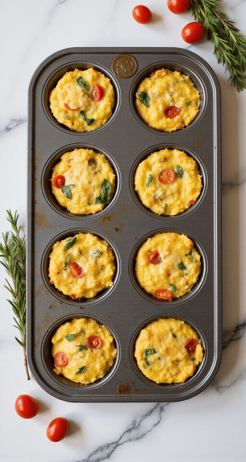 Bovenaanzicht van perfect gebakken mini frittata's in een professionele muffinvorm, met stoom die voorzichtig opstijgt in het gouden middaglicht. Elk frittata-kopje heeft een mooi gebruinde bovenkant met gesmolten kaas, heldere groenten en verse kruiden. Een marmeren aanrechtbrede biedt een elegante achtergrond, met een takje verse rozemarijn en verspreide cherrytomaten voor visuele interesse.