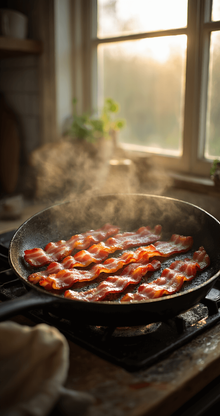 Cinematische close-up van krokante bacon in een zwarte gietijzeren pan, goudbruin en stoomend in warm ochtendlicht, met subtiele oliespatten en een rustieke houten spatel aan de zijkant.