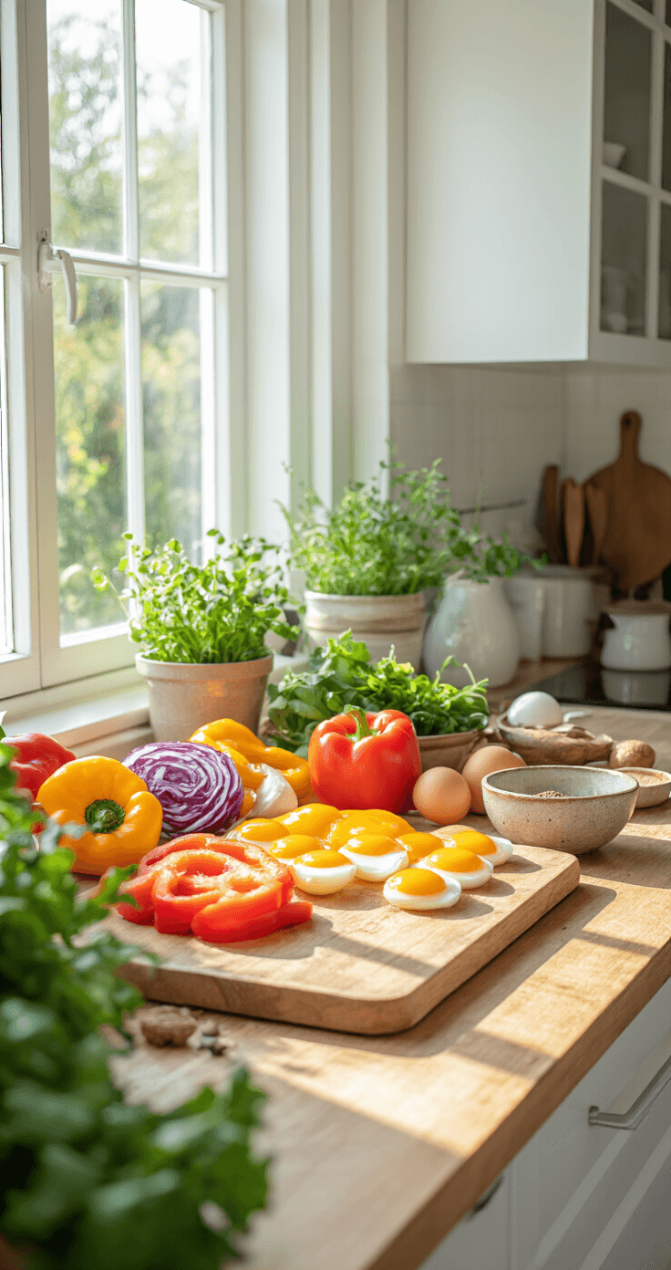 Een moderne keuken met natuurlijk ochtendlicht. Een snijplank met kleurrijke, gesneden groenten zoals rode paprika en ui, naast een rustieke kom met geklopte eieren en kruiden in kleine keramische schaaltjes.