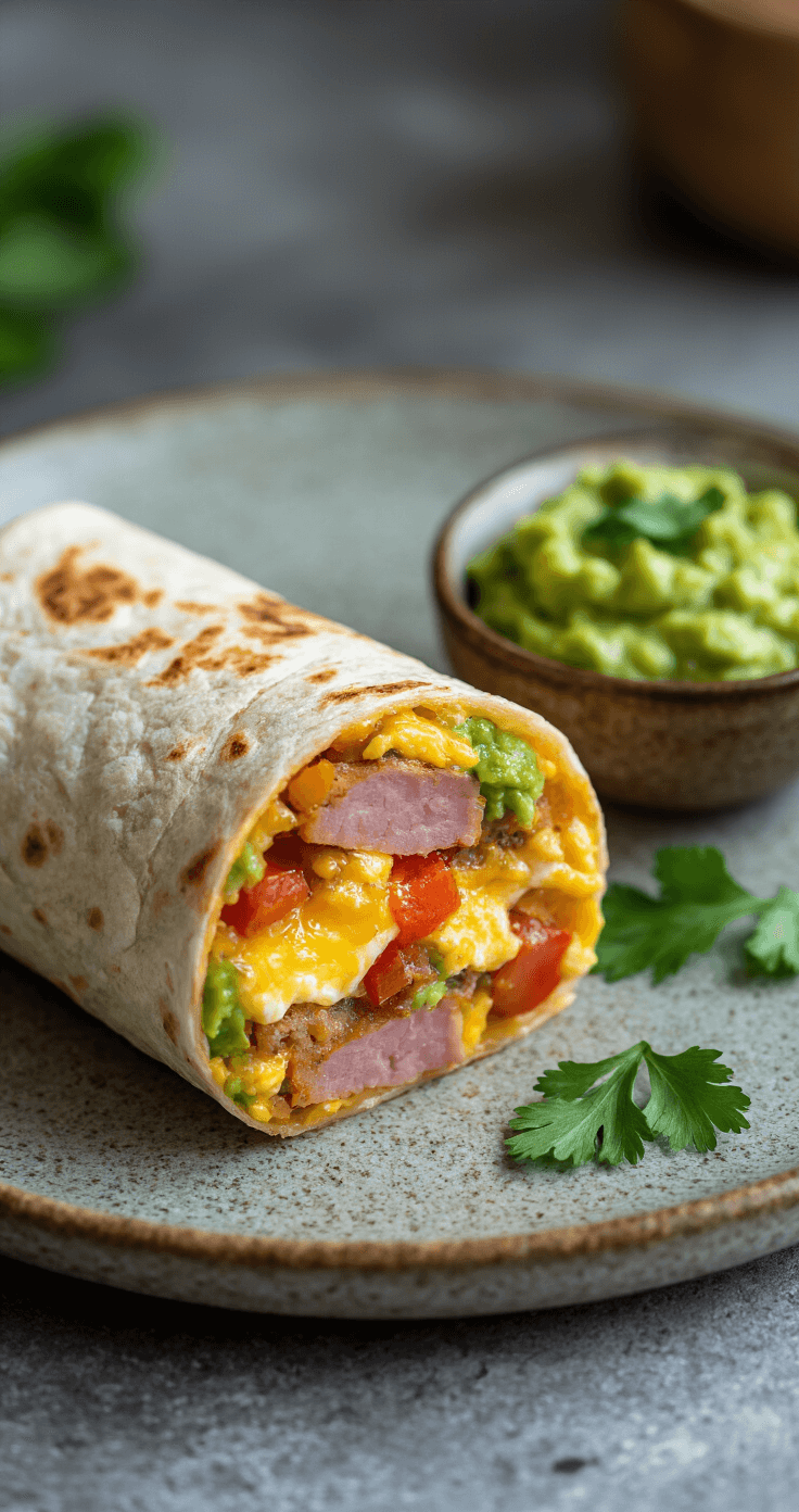Close-up van een perfect opgerolde paleo burrito op een rustiek steenkleurig bord, met goudbruine ham en romig roerei met paprika en ui, vergezeld van een kom guacamole en verse kruiden.