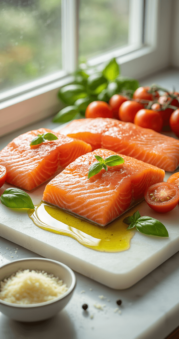 Zalm met Tomaat en Basilicum: Een Heerlijk en Snel Visgerecht Close-up van verse zalmfilets op een marmeren snijplank, omringd door levendige gehalveerde cherrytomaten, verse basilicumblaadjes en een drizzel gouden olijfolie. Natuurlijk daglicht valt door een keukvenster en creëert een warme, uitnodigende sfeer. Een klein schaaltje met vers geraspte Parmezaanse kaas en verspreide zwarte peperkorrels completeren de mise en place.