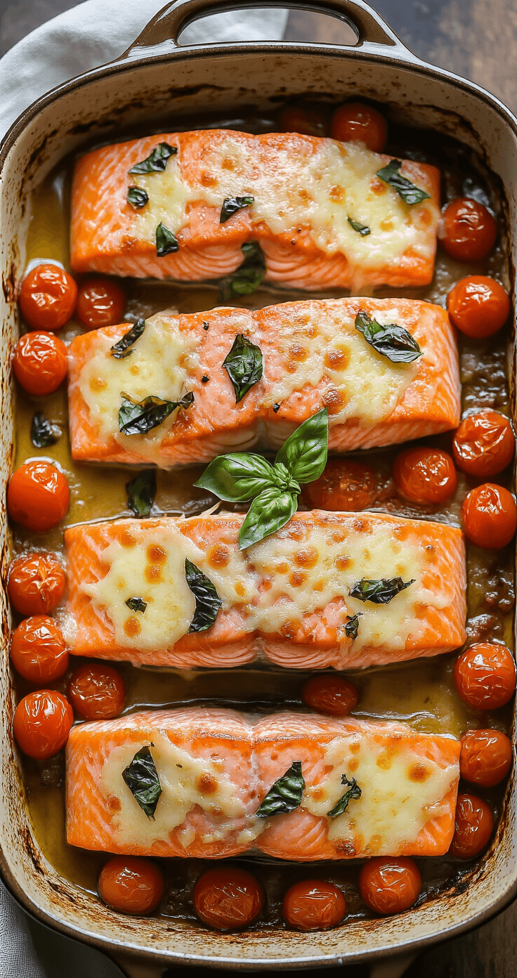 Zalm met Tomaat en Basilicum: Een Heerlijk en Snel Visgerecht Bovenaanzicht van een rustic keramische ovenschaal met perfect gekookte zalmfilets, gekarameliseerde cherrytomaten en gesmolten Parmezaanse kaas. Stoom stijgt op uit het gerecht, terwijl gegrilde tomaten en verwelkte basilicumblaadjes een artistieke schikking vormen. De zalm is vochtig en schilferig met een goudbruine korst. Zacht, warm licht benadrukt de smakelijke kwaliteiten van het gerecht.