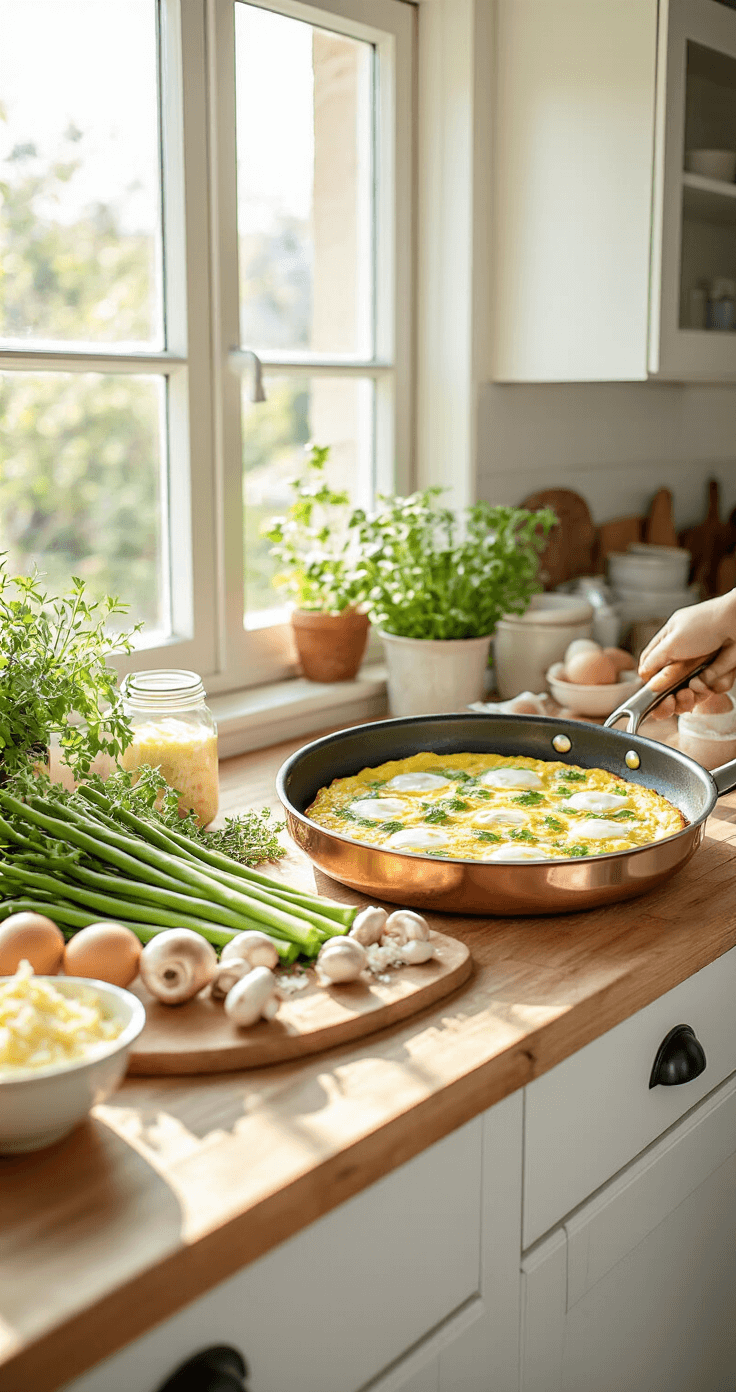 Een moderne, zonnige keuken met grote ramen, waarin vers gesneden groene asperges en champignons op een houten snijplank liggen, omringd door verse tijm en glanzende eieren. Een koperen koekenpan glanst in het licht, met geraspte kazen in kleine vintage kommetjes ernaast.