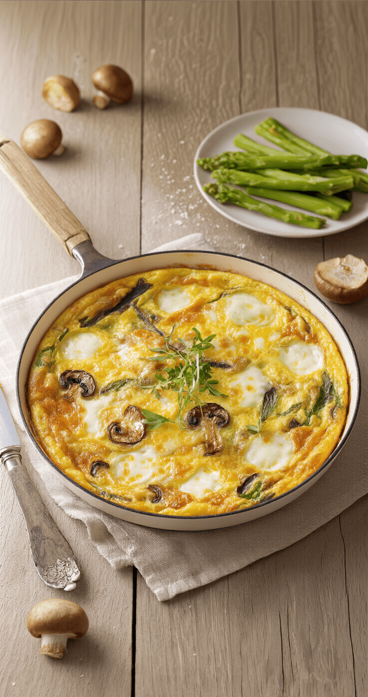 Een rustieke ovenbestendige pan met een goudbruine frittata, bedekt met gesmolten mozzarella en Parmezaanse kaas, groene aspergetopjes en gebakken champignons, gegarneerd met verse tijm, op een natuurlijke houten tafel met een linnen servet.