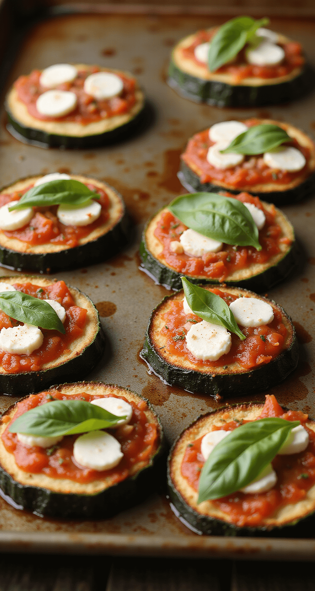 Dichtbijopname van dampende mini courgette pizza's op een verweerd metalen bakblik, met gesmolten mozzarella, luchtbelletjes en verse basilicumblaadjes.