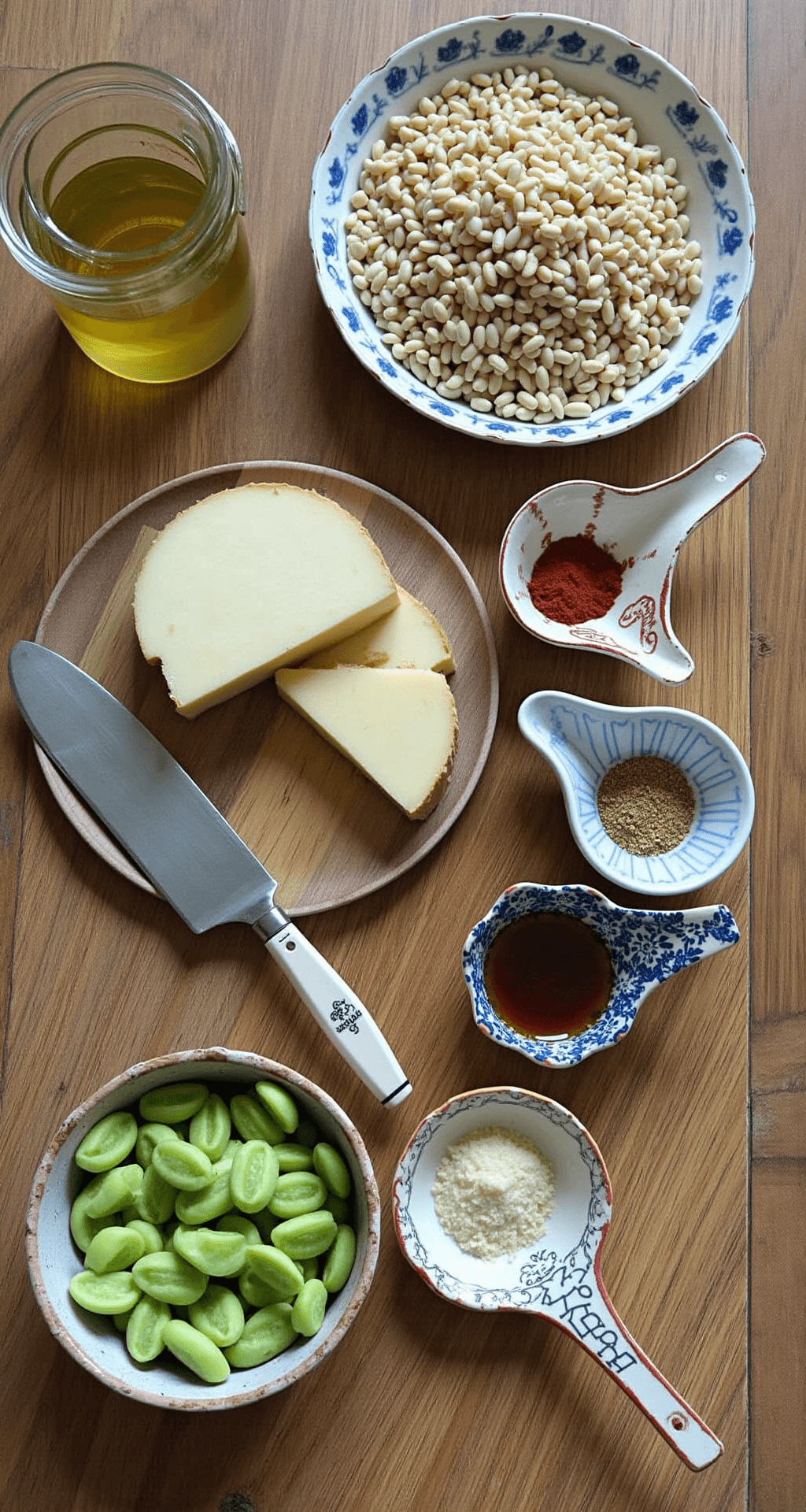 Een rustieke houten keukentafel met verse groene sugar snaps, een kommetje olijfolie, Parmezaanse kaas, tijmtakjes, kruidenpotjes met knoflookpoeder en zeezout, een roestvrijstalen mengkom en een scherp mes.
