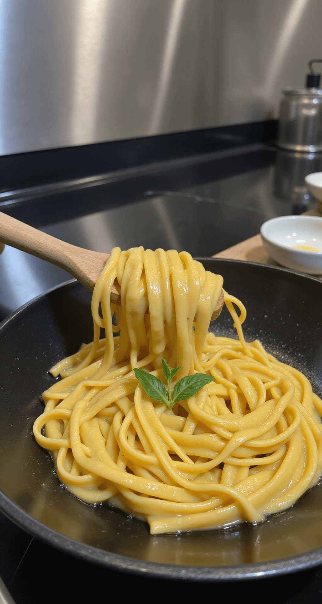 Close-up van een zwarte gietijzeren pan met slanke Slim Pasta, geroerd met een houten lepel. Warme stoom stijgt op in een professionele keuken, met een kom verse basilicum en een fles olijfolie op de achtergrond.