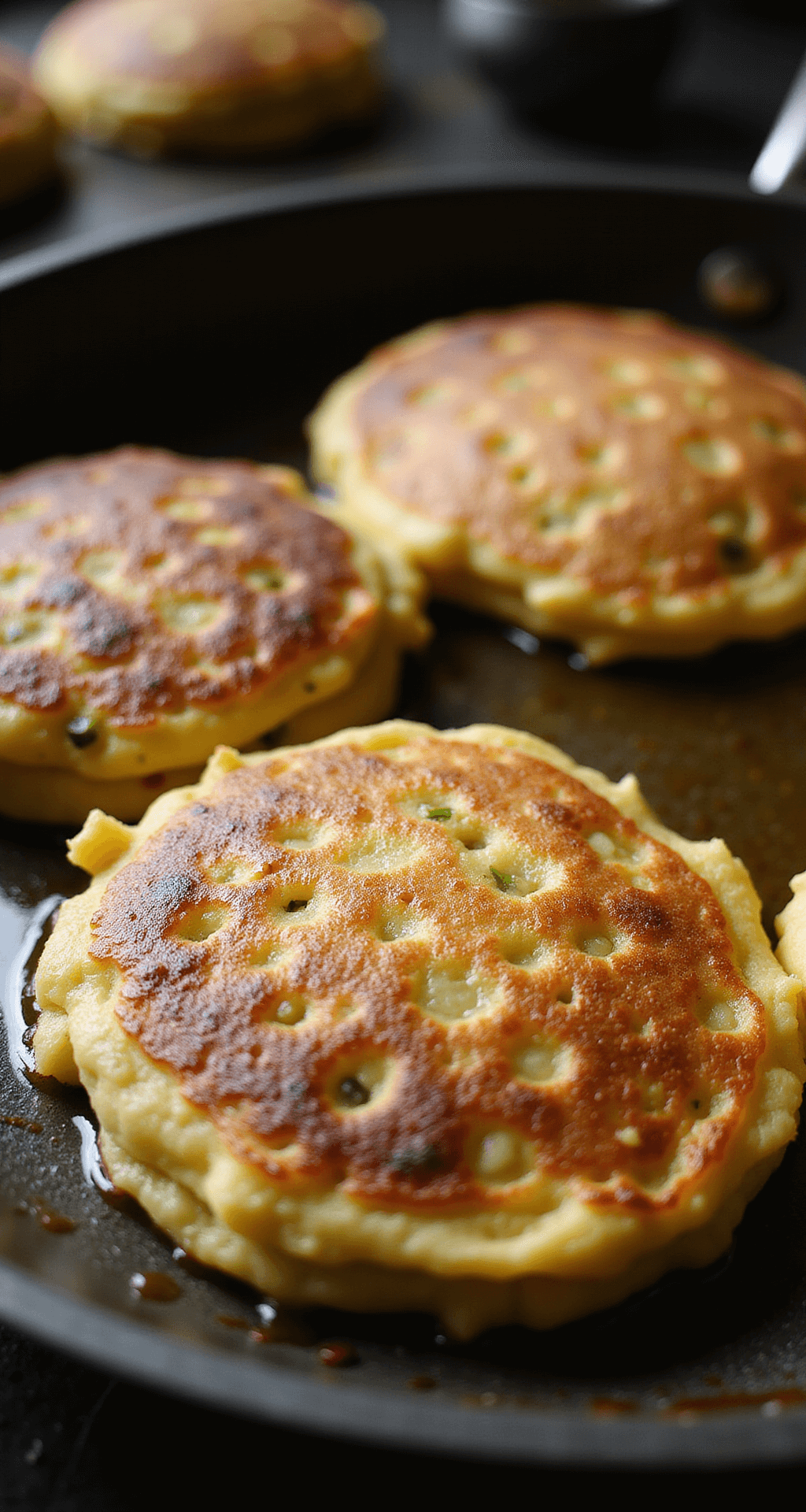 Close-up van goudbruine courgette-maïs pannenkoekjes in een gietijzeren pan, omgeven door stoom, met knapperige randen en zichtbare stukjes mais en courgette, belicht door warm strijklicht.