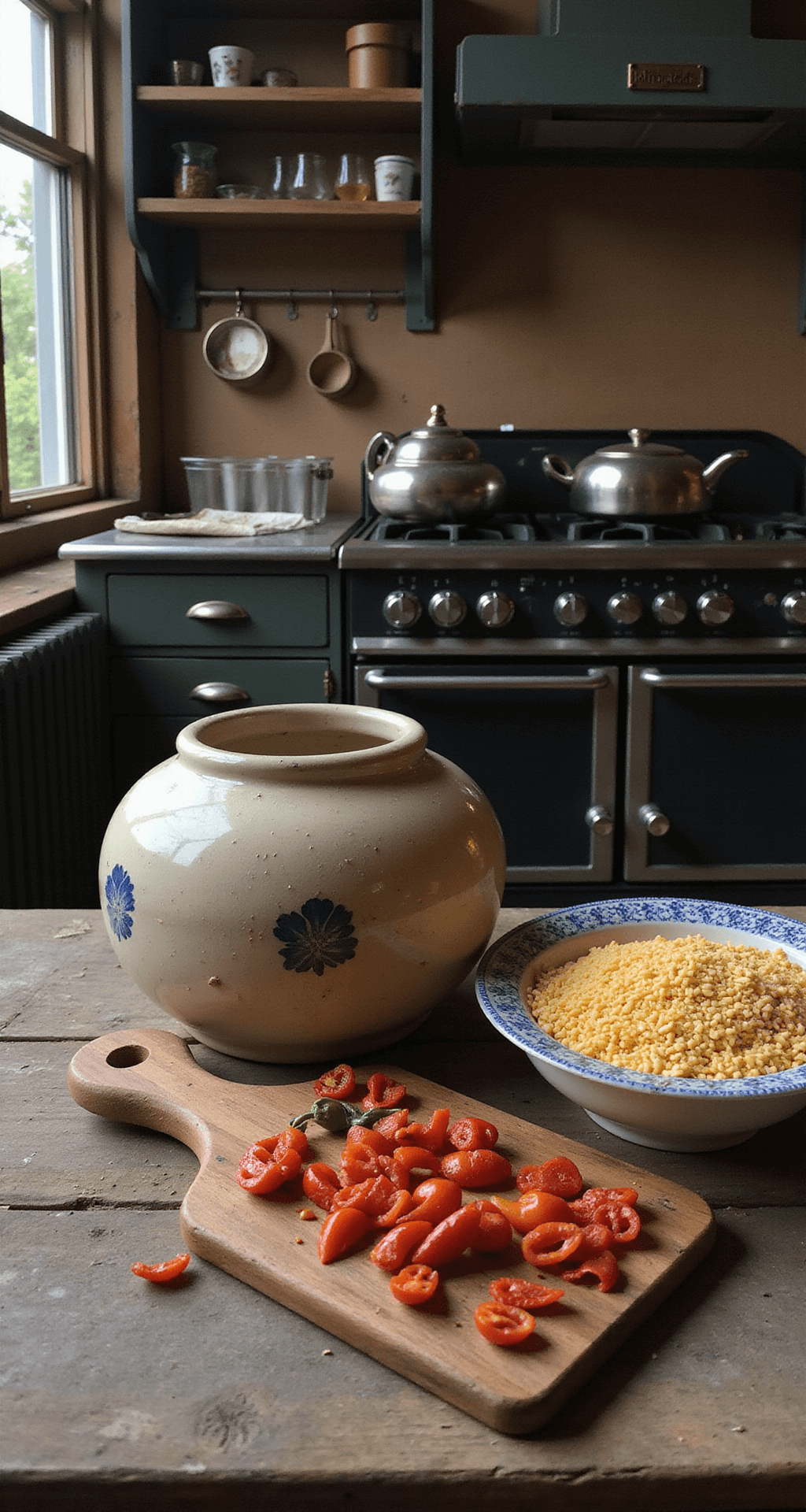 Een rustieke Nederlandse keuken met warm ochtendlicht, met gehalveerde mini-paprika's op een houten snijplank, een vintage keramische kom met roomkaas, verse kruiden en een glanzend mes op een steenachtig aanrecht.