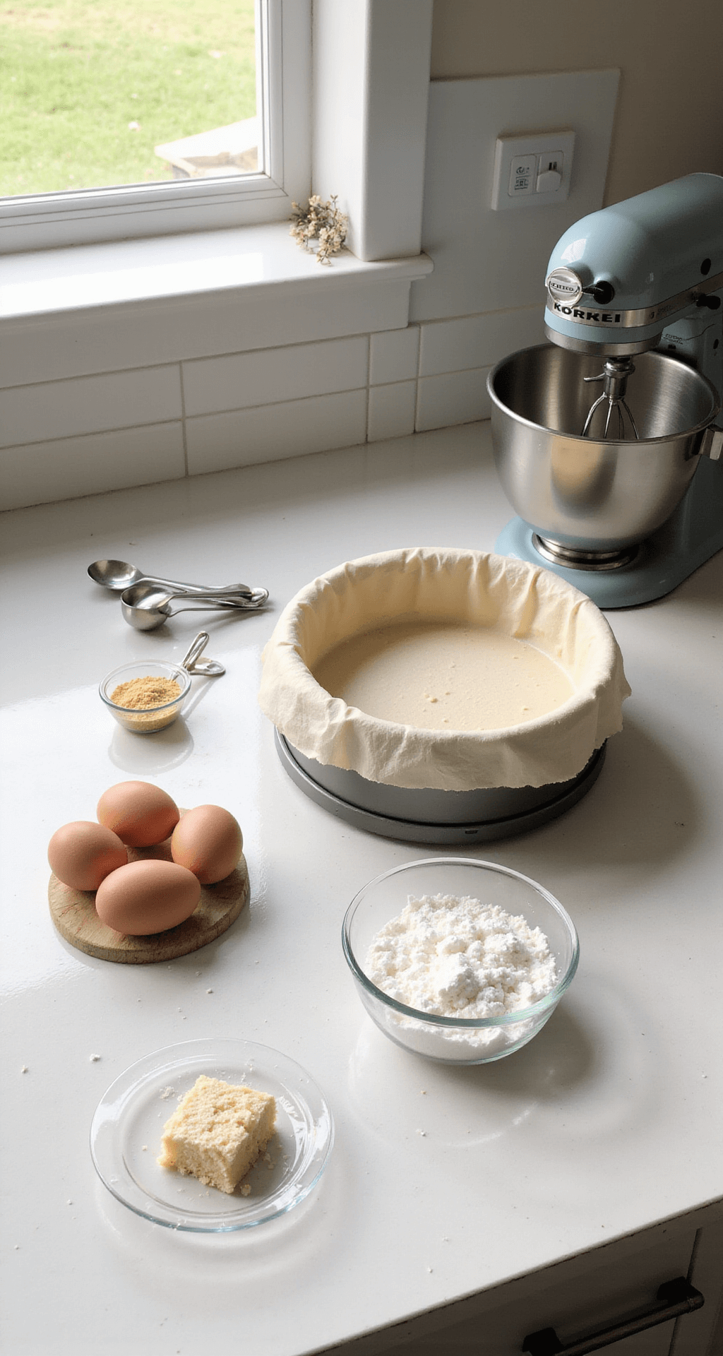 Een moderne, zonnige keuken met bakbenodigdheden verspreid over het aanrecht: verse eieren, witte kokosmeel, gouden erythritol, een glazen kom met geraspte kokos, een elektrische mixer en een met bakpapier beklede springvorm. Natuurlijk ochtendlicht valt door het raam en zorgt voor een warme, uitnodigende sfeer.