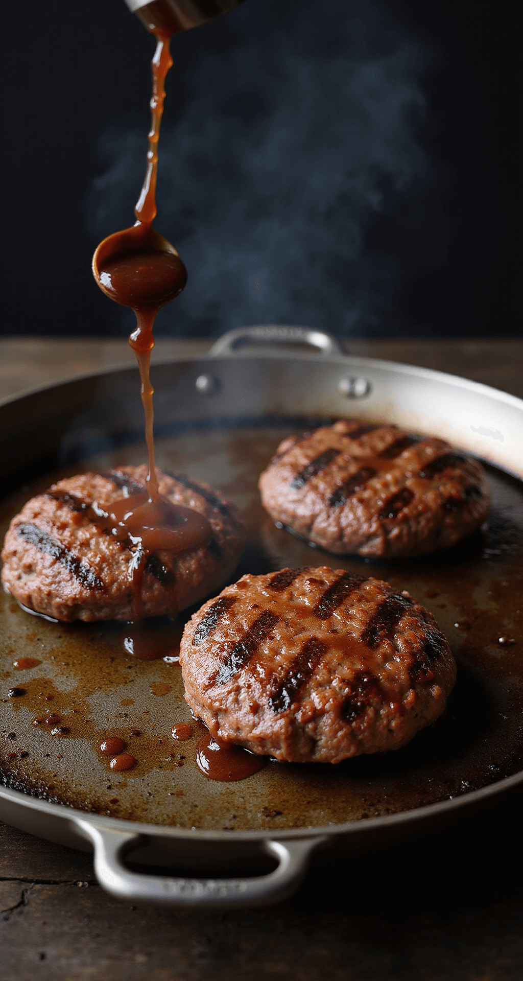 Een dramatische opname van sappige hamburgers op een rokende grillpan met vlammen, glinsterende olie en BBQ-saus, omgeven door een lichte rooksluier.