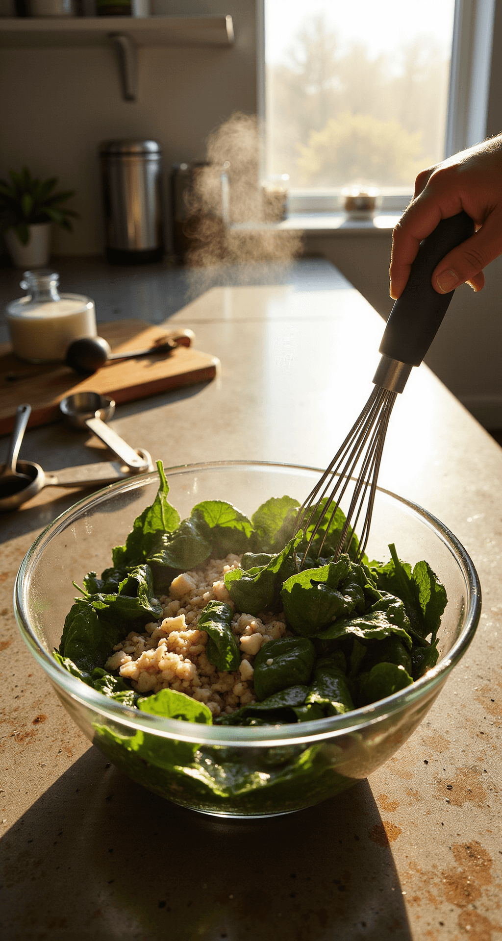 Een zonovergoten moderne keuken met een glazen mengkom waarin felgroene spinazie wordt gemixt met gebakken uien en knoflook. Gouden licht valt door het raam en benadrukt de damp die opstijgt van de verse ingrediënten. Keukengereedschap en maatlepels zijn kunstzinnig verspreid in de buurt, wat een warme, huiselijke sfeer creëert.
