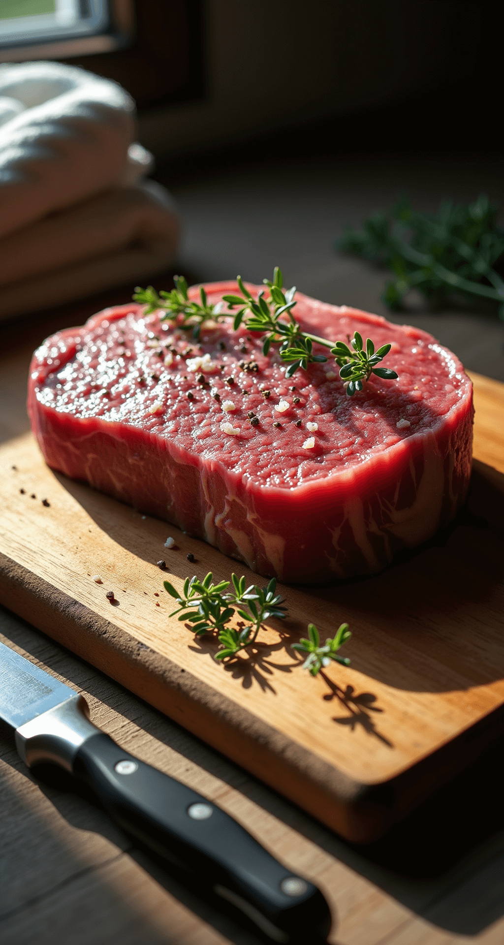 Dramatische close-up van een gemarmerde entrecote steak die rust op een rustieke houten snijplank, zacht verlicht door natuurlijk licht van het raam. Zeezoutkristallen en versgemalen zwarte peper zijn zichtbaar op het oppervlak van het vlees, met takjes verse tijm kunstzinnig ernaast. Een keukendoek en een professionele koksmes zijn gedeeltelijk in beeld.