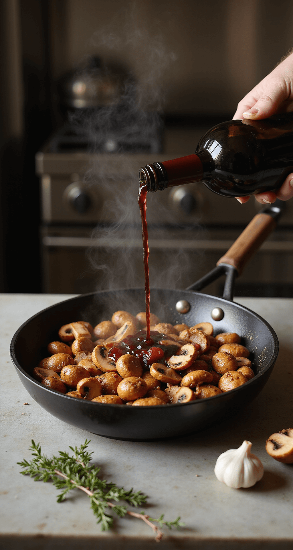 Gouden-bruin gebakken champignons in een gietijzeren pan met stoom, terwijl rijke bordeaux wijn in een cirkelvormige beweging wordt ingeschonken voor een glanzende saus. Verse knoflook en takjes tijm liggen op een marmeren aanrecht, omgeven door een professionele keuken.