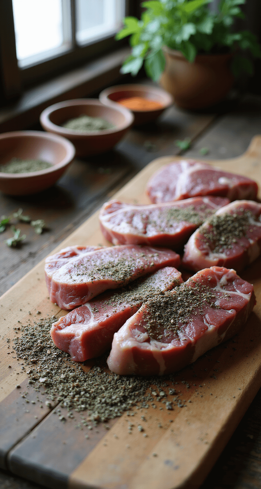 Close-up van verse lamskoteletten die worden ingesmeerd met aromatische gedroogde kruiden in een rustieke houten keuken. Zacht natuurlijk licht valt binnen en verlicht verspreide kruiden en specerijen in aardewerken kommen. De gemarmerde textuur van het vlees en de gedroogde kruidenvlokken zijn duidelijk zichtbaar tegen een verweerd houten snijplank.