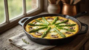 A rustic cast-iron skillet holds a golden-brown asparagus and mushroom frittata, beautifully arranged with green asparagus tips and sautéed mushrooms, on a weathered wooden table bathed in soft morning light, surrounded by vintage linen and copper utensils, evoking a cozy Dutch kitchen atmosphere.
