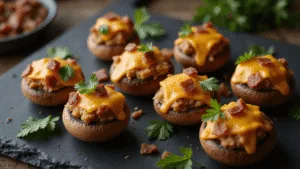 A cinematic top-down view of golden-brown stuffed mushrooms in a matte black ceramic dish, featuring bubbling melted cheddar cheese and crispy bacon bits, garnished with fresh parsley, set in a moody kitchen atmosphere with dramatic side lighting and steam rising.
