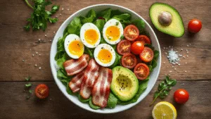 Photorealistic overhead shot of a vibrant low-carb salad in a white bowl, featuring soft-boiled eggs, crispy bacon, avocado, cherry tomatoes, and garnished with fresh herbs on a rustic wooden table.