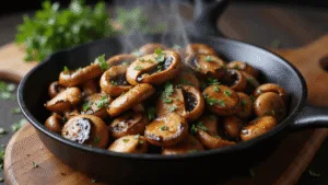Close-up of glossy balsamic glazed mushrooms with garlic and herbs in a rustic cast-iron pan, illuminated by natural light, showcasing rich textures and caramelization, with a vintage still life aesthetic.