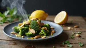 A photorealistic culinary image of vibrant green broccoli florets on a matte ceramic plate, drizzled with golden almond-citrus butter, garnished with toasted almonds and lemon zest curls, captured in soft natural light with a blurred rustic wooden background.