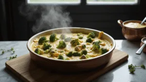 A cinematic food photography scene featuring broccoli florets in creamy cheese sauce within a rustic ceramic bakeware, complemented by bubbling melted aged Dutch cheese and a golden-brown cheese crust, set against a soft-focused Dutch kitchen background with natural window light and a marble countertop.