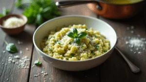 A rustic white ceramic bowl filled with creamy cauliflower risotto, highlighted by vibrant green pesto, garnished with Parmesan cheese and fresh basil, set on a weathered wooden table with a vintage copper pan in soft focus.