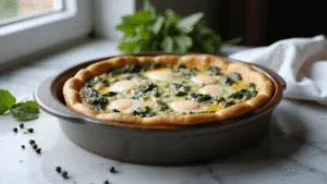A photorealistic image of a rustic ceramic baking dish featuring a crustless spinach quiche with a golden-brown surface, melted cheese, and layers of wilted spinach and eggs, set on a marble countertop in a modern Dutch kitchen, enhanced by soft natural light and scattered fresh herbs, with a kitchen towel and peppercorns in the background, showcasing a high-end cooking atmosphere.