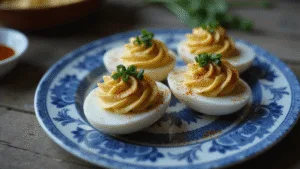 Elegant Dutch deviled eggs with golden yolk filling, garnished with chives and paprika, presented on a traditional Delft blue porcelain plate, captured in warm, natural light on a rustic wooden table, showcasing hyperrealistic detail and soft, muted colors.