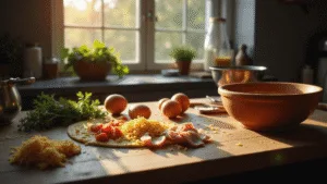 A sunlit rustic Dutch kitchen scene featuring a wooden cutting board with scattered eggs, grated cheese, diced tomatoes, chopped onions, and ham, alongside a terracotta baking dish and a stainless steel mixing bowl of whisked eggs, highlighted by warm golden tones and soft natural light.