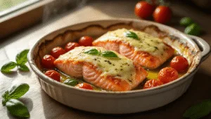 Photorealistic image of a rustic ceramic baking dish featuring two baked salmon fillets topped with melted Parmesan and blistered cherry tomatoes, accented by fresh basil, with glistening olive oil droplets and natural side lighting.