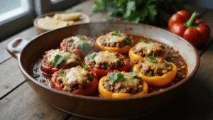 Cinematic overhead view of vibrant stuffed bell peppers in a rustic baking dish, topped with golden-brown melted cheese and filled with ground meat, rice, and corn. Fresh parsley garnishes the peppers in a warm, inviting Dutch country kitchen setting, with natural light casting deep shadows and highlighting the rich colors.