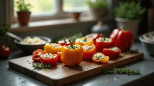 A rustic wooden cutting board featuring colorful mini bell peppers filled with a creamy cheese mixture, accented by fresh herbs, with morning sunlight creating a warm atmosphere in a Dutch kitchen setting.