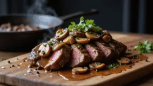 Medium-rare entrecote steak sliced on a rustic wooden board, topped with glistening mushroom wine sauce, sautéed mushrooms, and fresh thyme, with dramatic side lighting and steam rising in a cinematic Dutch kitchen setting.