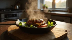 A close-up of a juicy keto BBQ burger on a cast-iron grill pan, showcasing a perfectly charred exterior, glistening BBQ sauce, melting cheese, and fresh tomato slices, all set on crisp lettuce leaves. The rustic wooden cutting board beneath is garnished with fresh herbs, illuminated by warm evening sunlight streaming through a kitchen window, creating a moody atmosphere with rich shadows and highlights.
