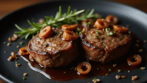 Seared lamb cutlets with caramelized shallot and balsamic reduction, plated on a matte black ceramic dish, garnished with rosemary and micro herbs, captured in dramatic lighting with a rich sauce pooling around the meat.