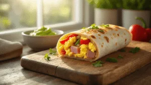 A beautifully styled ham-wrapped breakfast burrito on a rustic wooden board, showcasing fluffy scrambled eggs, red bell peppers, and sautéed onions, with fresh herbs on top, accompanied by a side bowl of creamy guacamole, all bathed in soft morning sunlight.