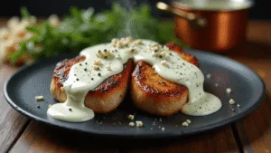 Hyperrealistic photograph of seared pork chops with blue cheese cream sauce on a dark slate plate, highlighted by soft natural light, rich textures, and garnished with pepper and blue cheese crumbles.