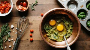 Overhead shot of a rustic kitchen counter with a vintage copper mixing bowl filled with cracked eggs, surrounded by fresh diced vegetables, crumbled feta cheese, a muffin tin, and herbs, all illuminated by soft morning light.
