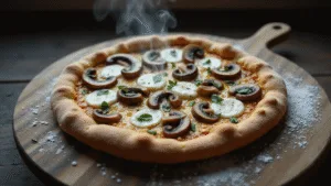 Photorealistic overhead shot of a rustic mushroom pizza on a weathered wooden peel, featuring melted mozzarella, golden-brown crust, caramelized mushrooms, fresh thyme, and olive oil droplets, enhanced by soft natural light and depth of field.