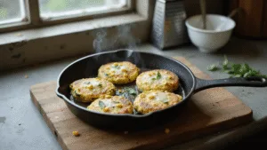 Golden-brown zucchini corn pancakes sizzling in a cast iron skillet, with steam rising, set in a rustic kitchen with soft natural light, featuring a marble countertop and weathered wooden cutting board, garnished with herbs and melting parmesan, background tools include a stainless steel grater and white colander.