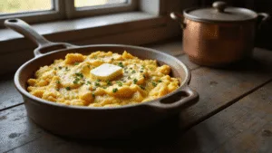 Photorealistic close-up of fluffy scrambled eggs in a rustic ceramic dish, garnished with fresh chives, on a dark wooden table with golden morning sunlight and antique copper cookware in the soft-focus background.