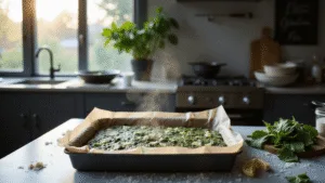 Photorealistic image of a modern Dutch kitchen showcasing a dark metal baking pan filled with emerald green spinach and mozzarella brownie batter, surrounded by artfully arranged ingredients like flour, fresh spinach leaves, and grated mozzarella. The scene is illuminated by natural golden hour light, highlighting the crackled golden-brown surface of the freshly baked brownies, with steam rising and a vintage marble countertop providing texture. The top-down perspective captures the professional food styling details in a soft depth of field.