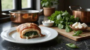 A rustic Dutch kitchen with natural sunlight, featuring a golden-brown stuffed chicken breast wrapped in bacon on a white plate, surrounded by fresh spinach, mozzarella, crème fraîche, and basil on a wooden cutting board, with copper cookware in the background.