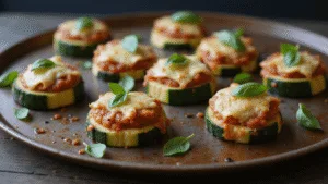 Photorealistic close-up of mini zucchini pizza bites on a rustic metal baking sheet, featuring golden melted mozzarella, vibrant red tomato sauce, and fresh basil leaves, with steam rising and detailed textures, captured in soft natural light from the left at a 45-degree overhead angle.