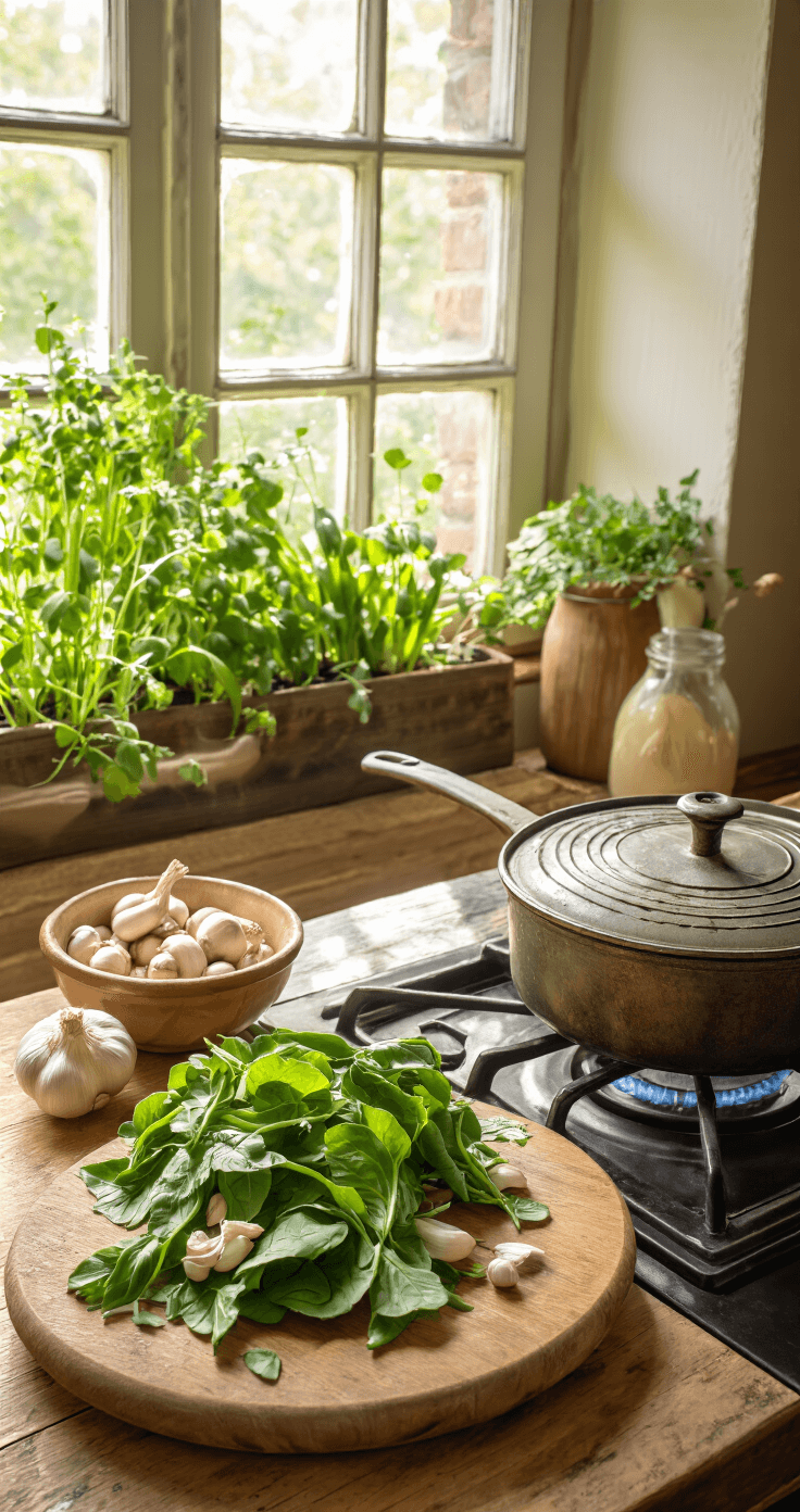 Champignons Met Spinazievulling: Heerlijke Vegetarische Hapjes voor Elke Gelegenheid Een rustieke keukenscène met zonlicht die op een houten snijplank valt, met fijngesneden ui, knoflook en champignonsteeltjes naast een kom heldergroene spinach. Een vintage koekenpan op een gasfornuis met verse kruiden en geraspte Parmezaanse kaas in rustieke kommetjes.