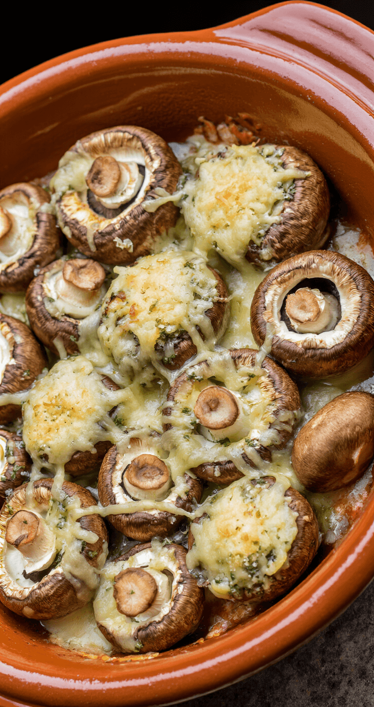 Champignons Met Spinazievulling: Heerlijke Vegetarische Hapjes voor Elke Gelegenheid Close-up van een terracotta ovenschaal met perfect gevulde champignonhoedjes, gevuld met spinaziemengeling en bestrooid met Parmezaanse kaas, in een voorverwarmde oven met warm licht en condensdruppels.