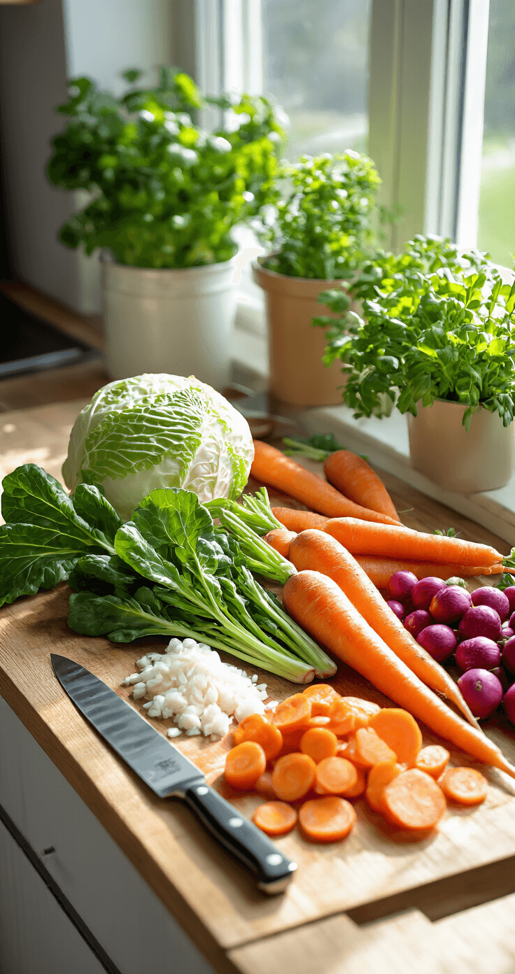 Een zonverlichte moderne keuken met verse ingrediënten zoals witte kool, wortelen en radijsjes op een houten snijplank, met een professioneel mes ernaast.