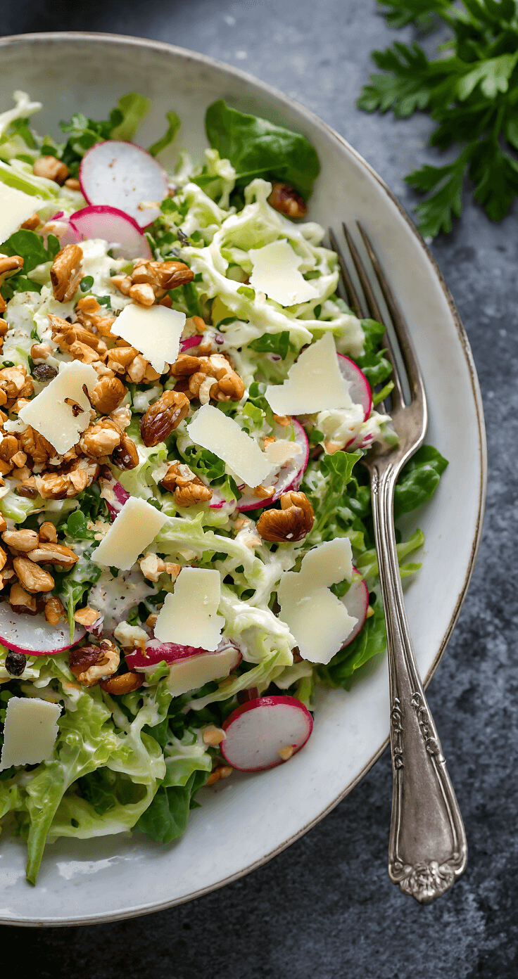 Elegante kom met kleurrijke koolsalade van witte kool, geraspte wortel en radijs, bedekt met romige dressing, geroosterde noten en geraspte kaas, mooi belicht in zijlicht.
